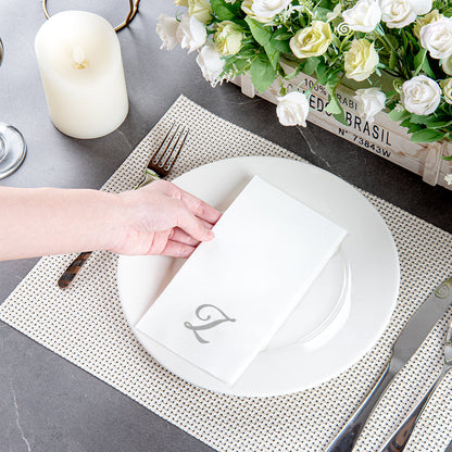 Luxenap Rectangle Silver Letter Z White Paper Linen-Feel Guest Towel / Napkin - Air Laid, Cursive Font - 15 3/4" x 8" - 50 count box