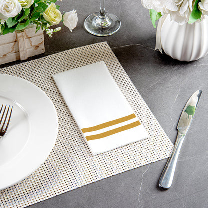Luxenap Rectangle Gold Striped White Paper Linen-Feel Guest Towel / Napkin - Air Laid - 15 3/4" x 8" - 50 count box