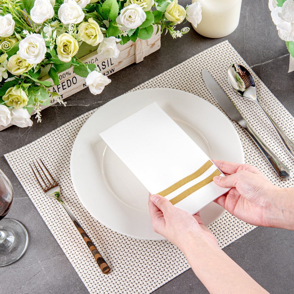 Luxenap Rectangle Gold Striped White Paper Linen-Feel Guest Towel / Napkin - Air Laid - 15 3/4" x 8" - 2000 count box