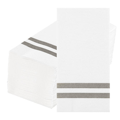 Luxenap Rectangle Silver Striped White Paper Linen-Feel Guest Towel / Napkin - Air Laid - 15 3/4" x 8" - 50 count box