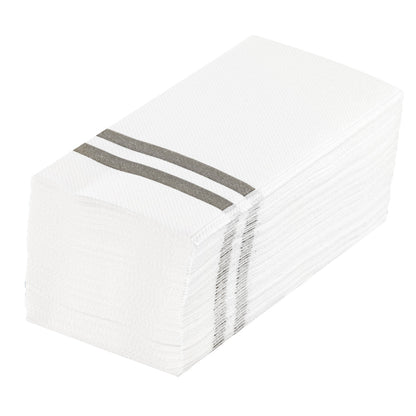 Luxenap Rectangle Silver Striped White Paper Linen-Feel Guest Towel / Napkin - Air Laid - 15 3/4" x 8" - 50 count box