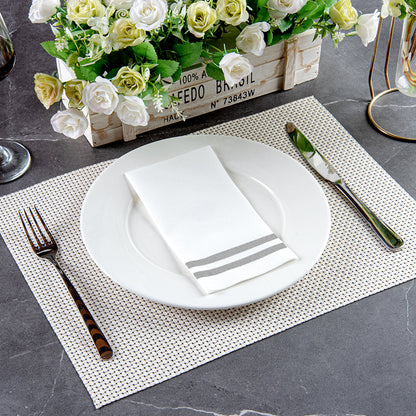 Luxenap Rectangle Silver Striped White Paper Linen-Feel Guest Towel / Napkin - Air Laid - 15 3/4" x 8" - 50 count box