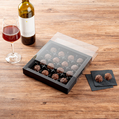 Sweet Vision Square Black Paper Candy / Chocolate Boxes - 16 Compartments - 9" x 9" x 1 1/2" - 10 count box