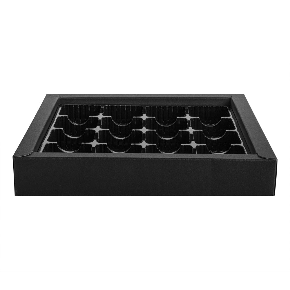 Sweet Vision Square Black Paper Candy / Chocolate Boxes - 16 Compartments - 9" x 9" x 1 1/2" - 10 count box