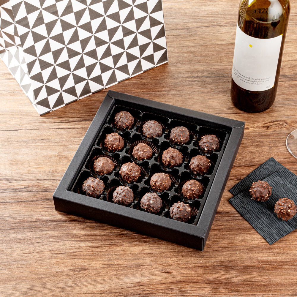 Sweet Vision Square Black Paper Candy / Chocolate Boxes - 16 Compartments - 9" x 9" x 1 1/2" - 10 count box