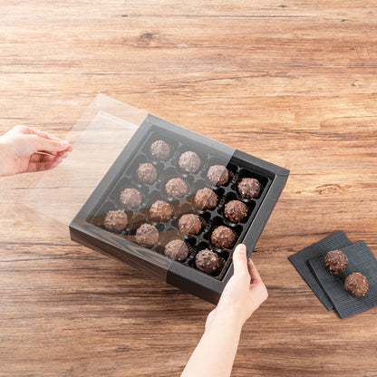 Sweet Vision Square Black Paper Candy / Chocolate Boxes - 16 Compartments - 9" x 9" x 1 1/2" - 10 count box