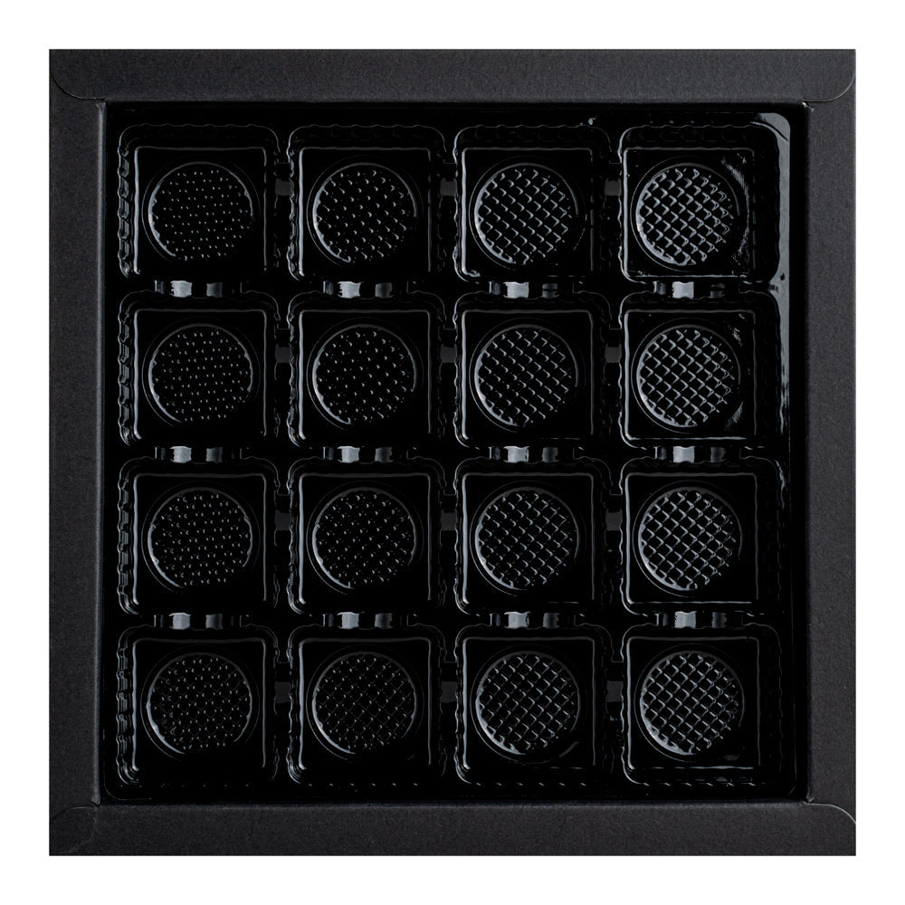 Sweet Vision Square Black Paper Candy / Chocolate Boxes - 16 Compartments - 9" x 9" x 1 1/2" - 100 count box