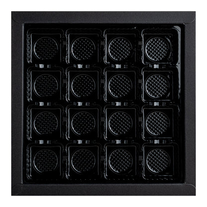 Sweet Vision Square Black Paper Candy / Chocolate Boxes - 16 Compartments - 9" x 9" x 1 1/2" - 100 count box