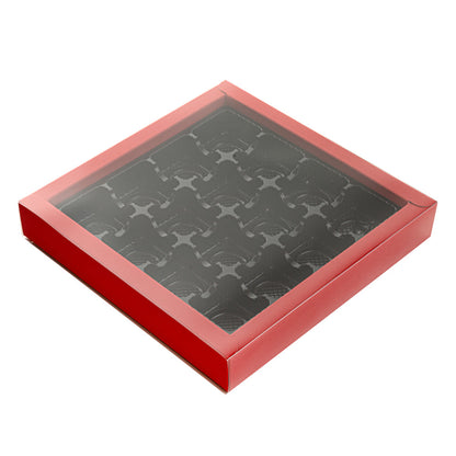 Sweet Vision Square Red Paper Candy / Chocolate Boxes - 16 Compartments - 9" x 9" x 1 1/2" - 10 count box