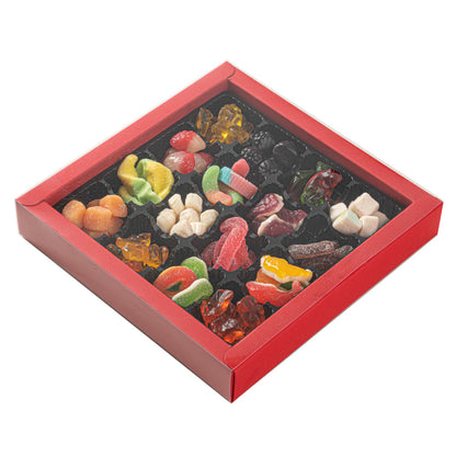 Sweet Vision Square Red Paper Candy / Chocolate Boxes - 16 Compartments - 9" x 9" x 1 1/2" - 10 count box