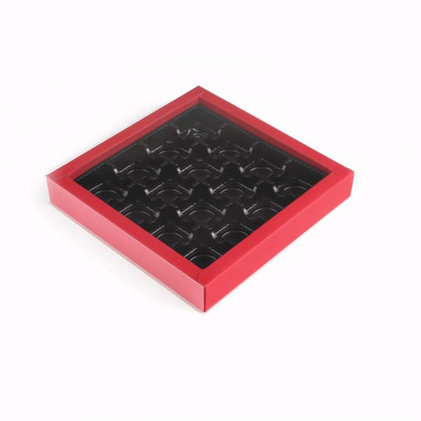 Sweet Vision Square Red Paper Candy / Chocolate Boxes - 16 Compartments - 9" x 9" x 1 1/2" - 10 count box