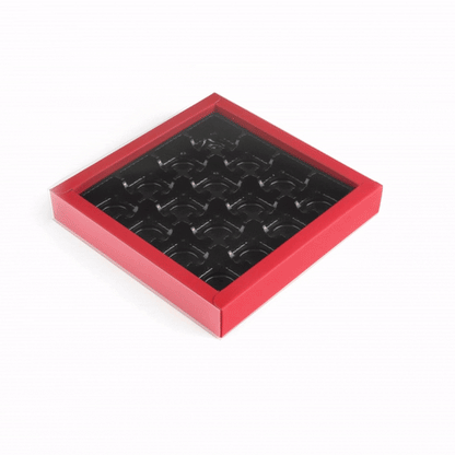 Sweet Vision Square Red Paper Candy / Chocolate Boxes - 16 Compartments - 9" x 9" x 1 1/2" - 10 count box