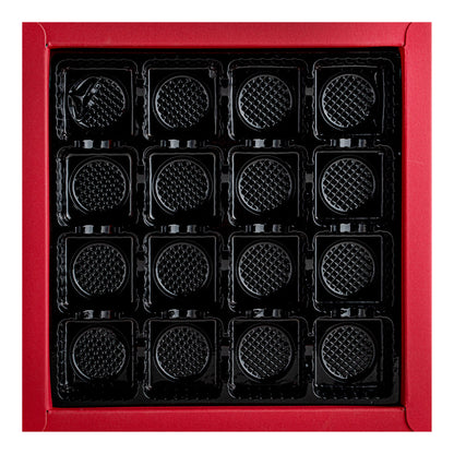 Sweet Vision Square Red Paper Candy / Chocolate Boxes - 16 Compartments - 9" x 9" x 1 1/2" - 10 count box