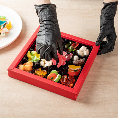 Sweet Vision Square Red Paper Candy / Chocolate Boxes - 16 Compartments - 9" x 9" x 1 1/2" - 10 count box