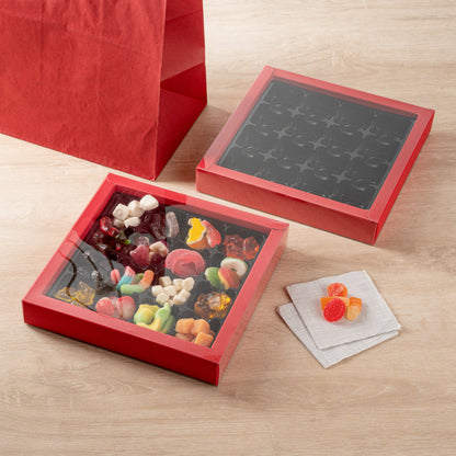 Sweet Vision Square Red Paper Candy / Chocolate Boxes - 16 Compartments - 9" x 9" x 1 1/2" - 100 count box
