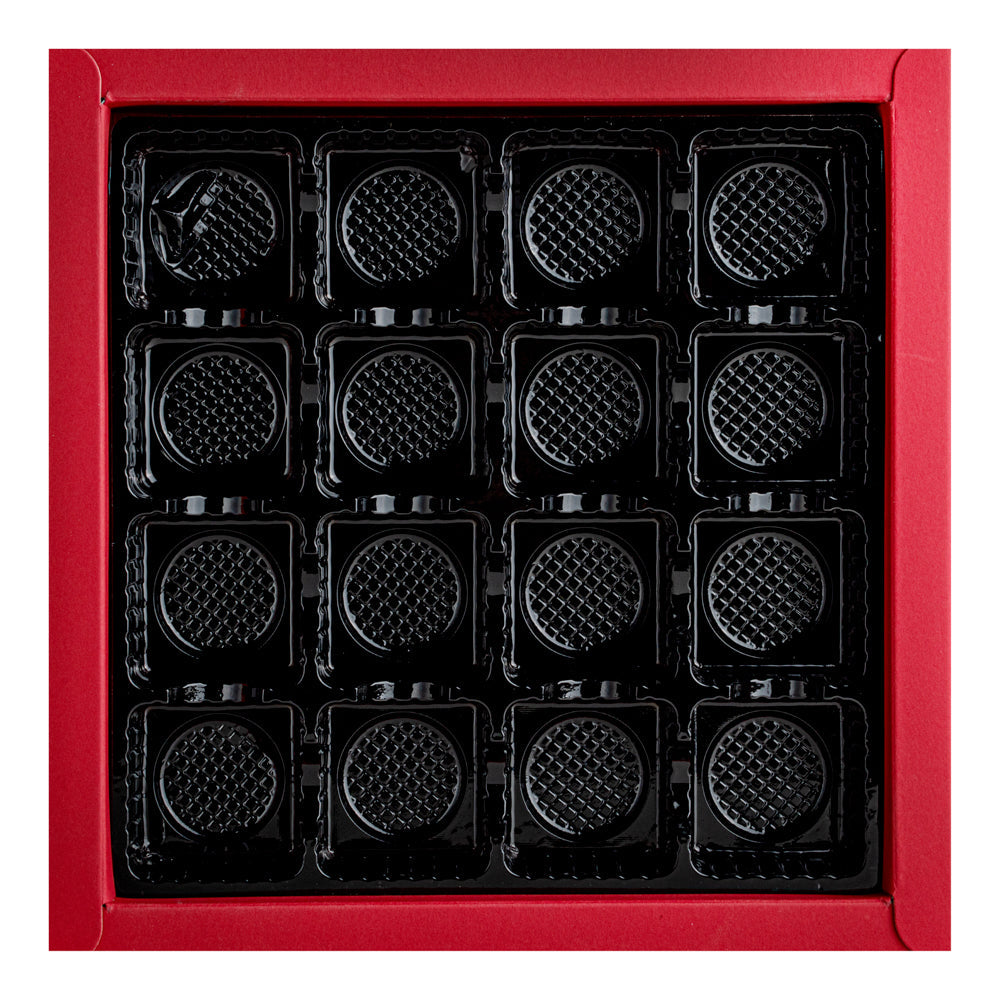 Sweet Vision Square Red Paper Candy / Chocolate Boxes - 16 Compartments - 9" x 9" x 1 1/2" - 100 count box