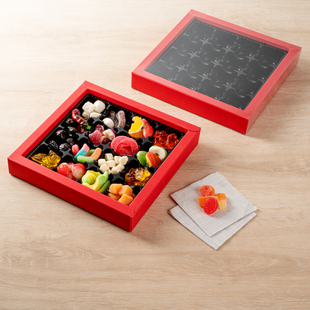 Sweet Vision Square Red Paper Candy / Chocolate Boxes - 16 Compartments - 9" x 9" x 1 1/2" - 100 count box