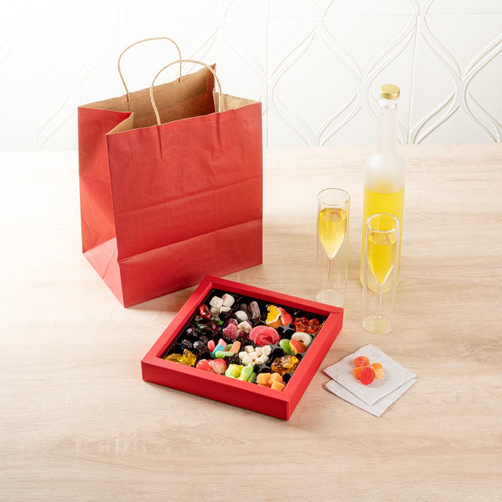 Sweet Vision Square Red Paper Candy / Chocolate Boxes - 16 Compartments - 9" x 9" x 1 1/2" - 100 count box