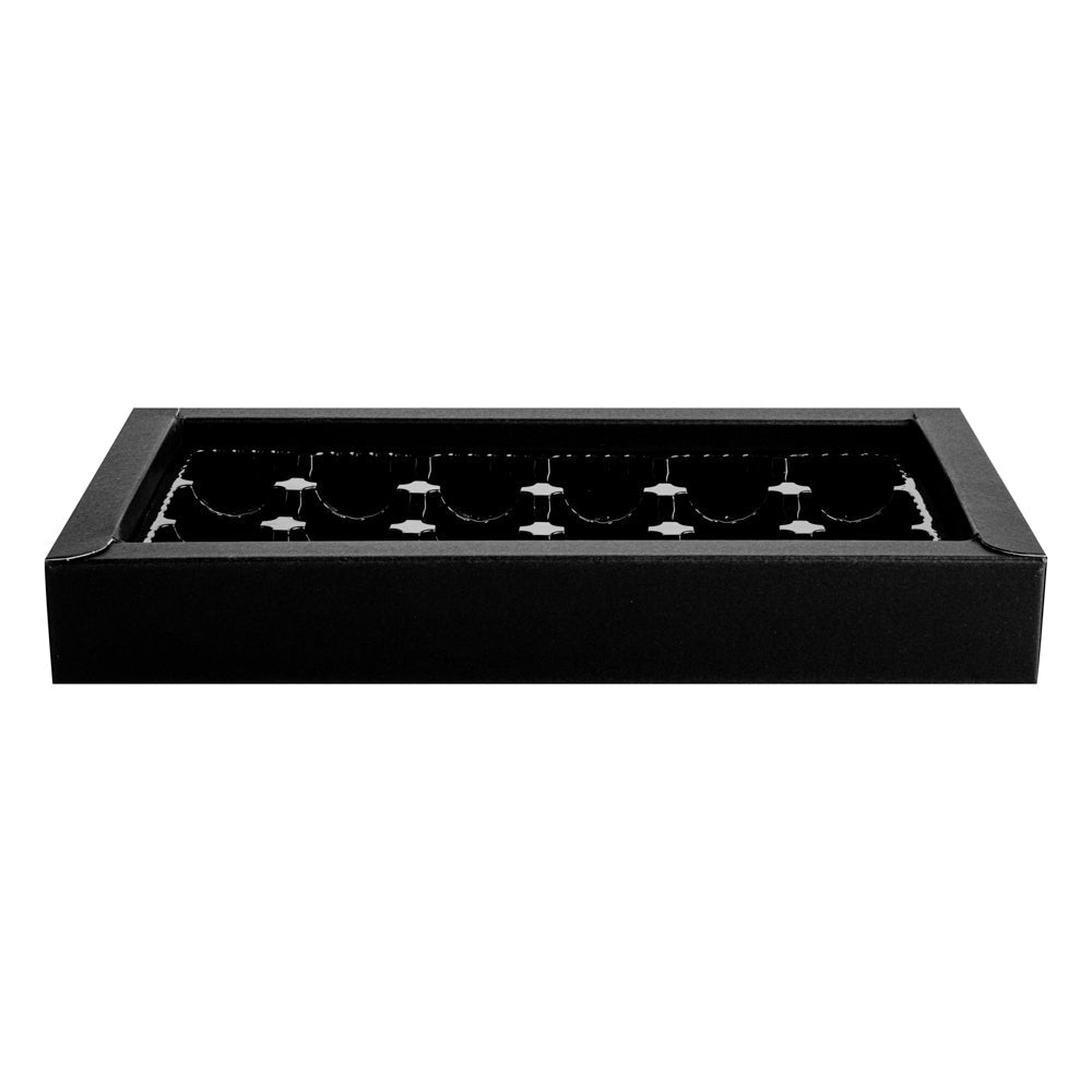 Sweet Vision Rectangle Black Paper Candy / Chocolate Boxes - 18 Compartments - 10" x 5 3/4" x 1 1/2" - 100 count box