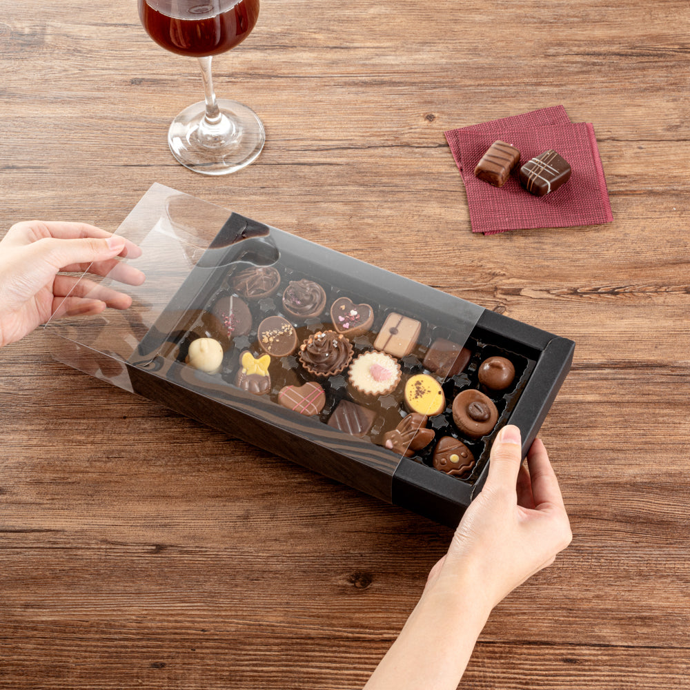 Sweet Vision Rectangle Black Paper Candy / Chocolate Boxes - 18 Compartments - 10" x 5 3/4" x 1 1/2" - 100 count box