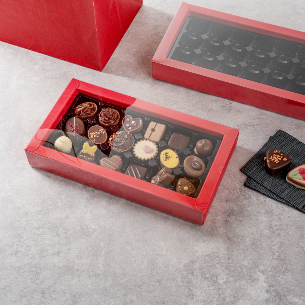 Sweet Vision Rectangle Red Paper Candy / Chocolate Boxes - 18 Compartments - 10" x 5 3/4" x 1 1/2" - 10 count box