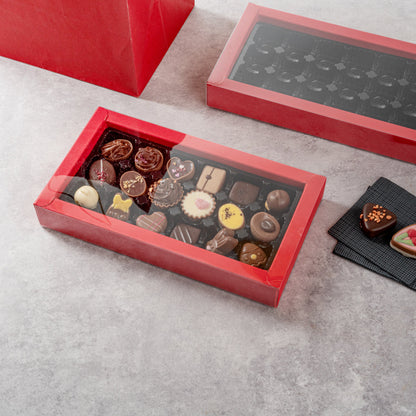 Sweet Vision Rectangle Red Paper Candy / Chocolate Boxes - 18 Compartments - 10" x 5 3/4" x 1 1/2" - 10 count box