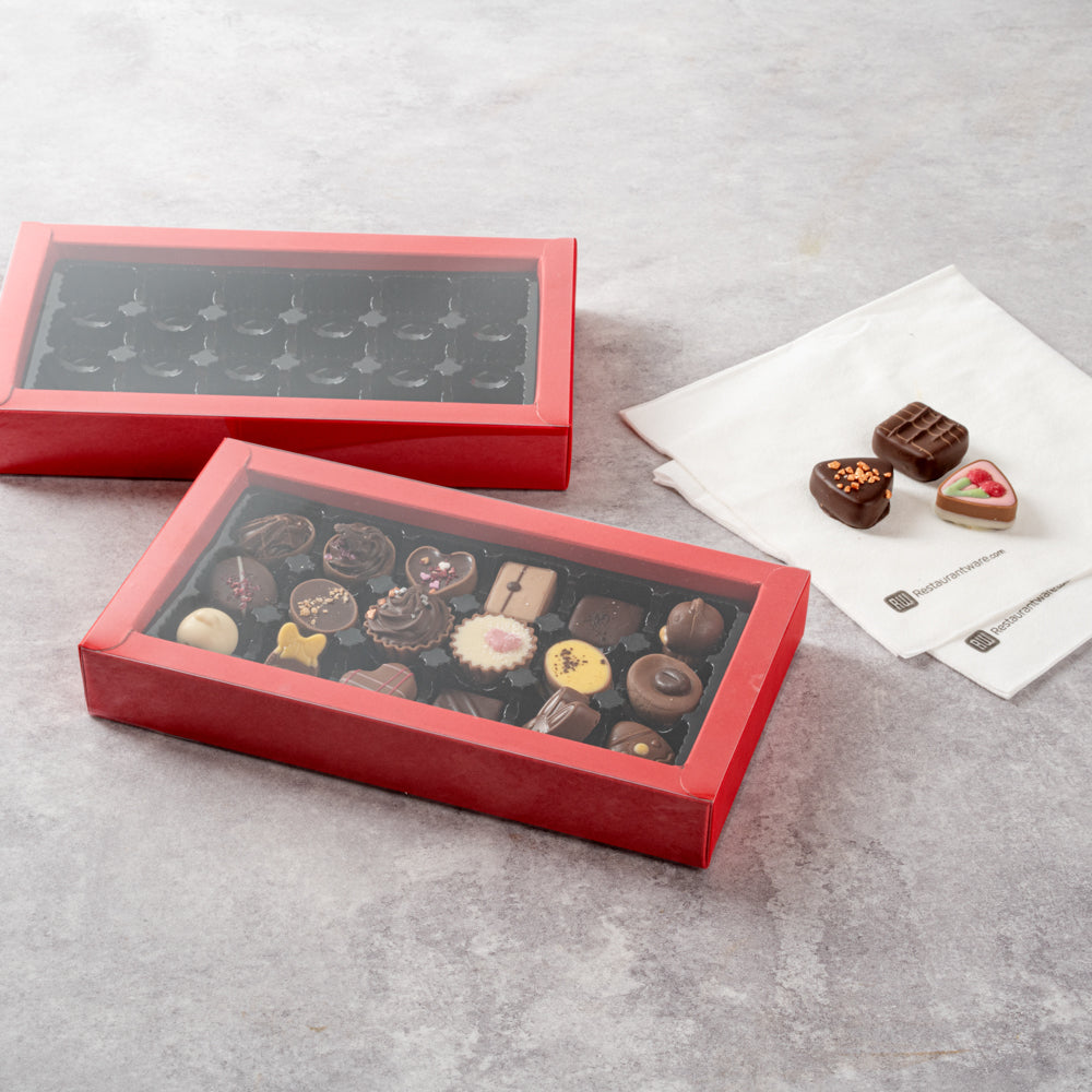 Sweet Vision Rectangle Red Paper Candy / Chocolate Boxes - 18 Compartments - 10" x 5 3/4" x 1 1/2" - 100 count box