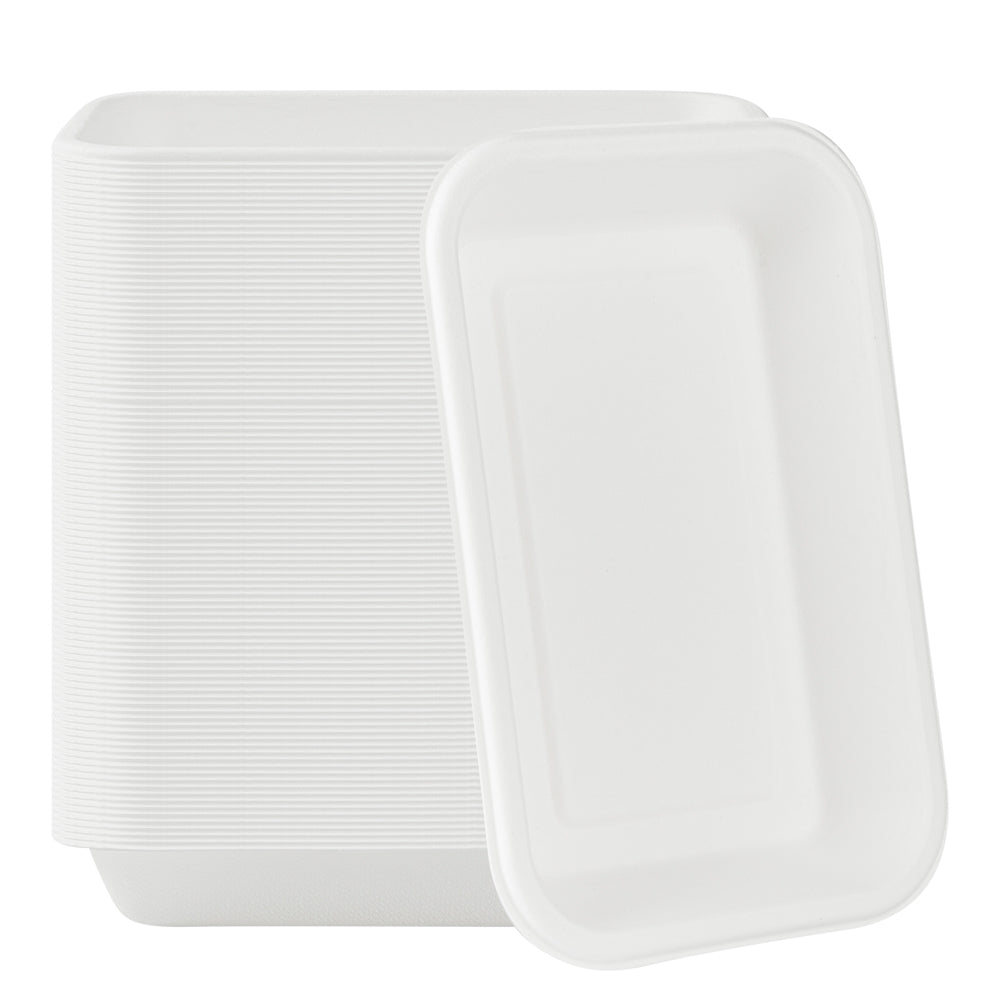 Pulp Safe No PFAS Added 12 oz Rectangle White Sugarcane / Bagasse Container - Home Compostable - 7" x 4 1/2" x 1" - 100 count box