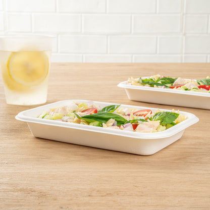 Pulp Safe No PFAS Added 12 oz Rectangle White Sugarcane / Bagasse Container - Home Compostable - 7" x 4 1/2" x 1" - 100 count box