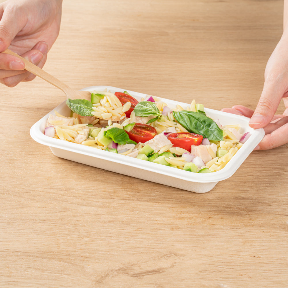 Pulp Safe No PFAS Added 12 oz Rectangle White Sugarcane / Bagasse Container - Home Compostable - 7" x 4 1/2" x 1" - 100 count box