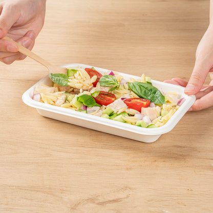 Pulp Safe No PFAS Added 12 oz Rectangle White Sugarcane / Bagasse Container - Home Compostable - 7" x 4 1/2" x 1" - 100 count box