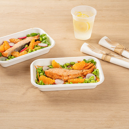 Pulp Safe No PFAS Added 24 oz Rectangle White Sugarcane / Bagasse Container - Home Compostable - 8 1/4" x 5 1/2" x 1 1/2" - 100 count box