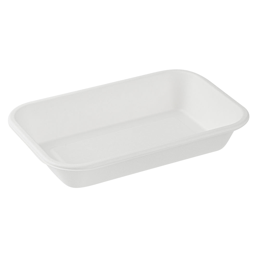 Pulp Safe No PFAS Added 24 oz Rectangle White Sugarcane / Bagasse Container - Home Compostable - 8 1/4" x 5 1/2" x 1 1/2" - 100 count box