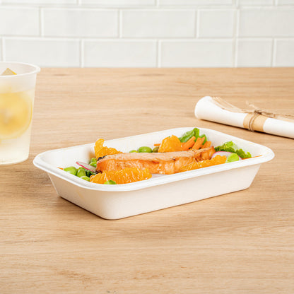 Pulp Safe No PFAS Added 24 oz Rectangle White Sugarcane / Bagasse Container - Home Compostable - 8 1/4" x 5 1/2" x 1 1/2" - 100 count box