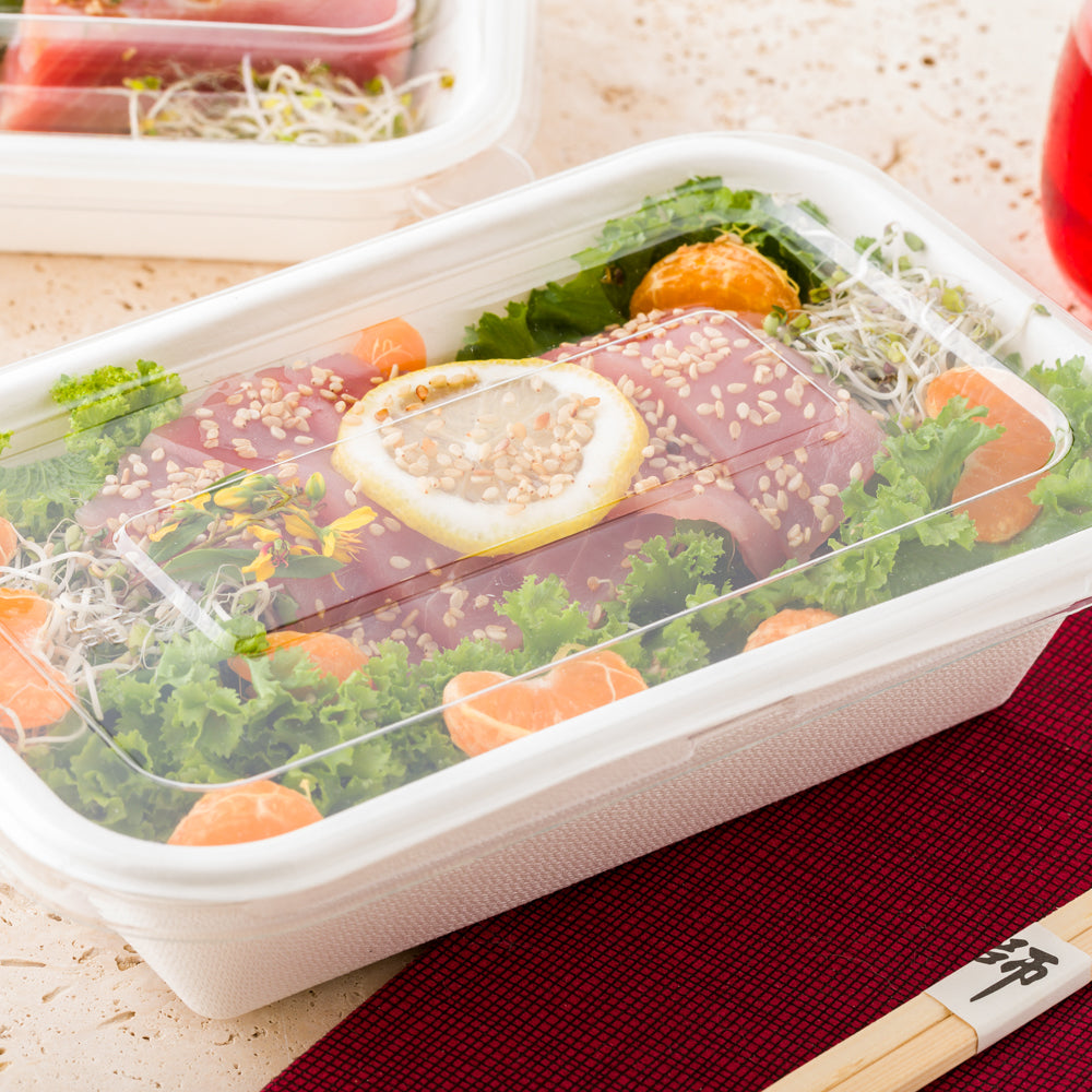 Pulp Safe No PFAS Added 24 oz Rectangle White Sugarcane / Bagasse Container - Home Compostable - 8 1/4" x 5 1/2" x 1 1/2" - 100 count box