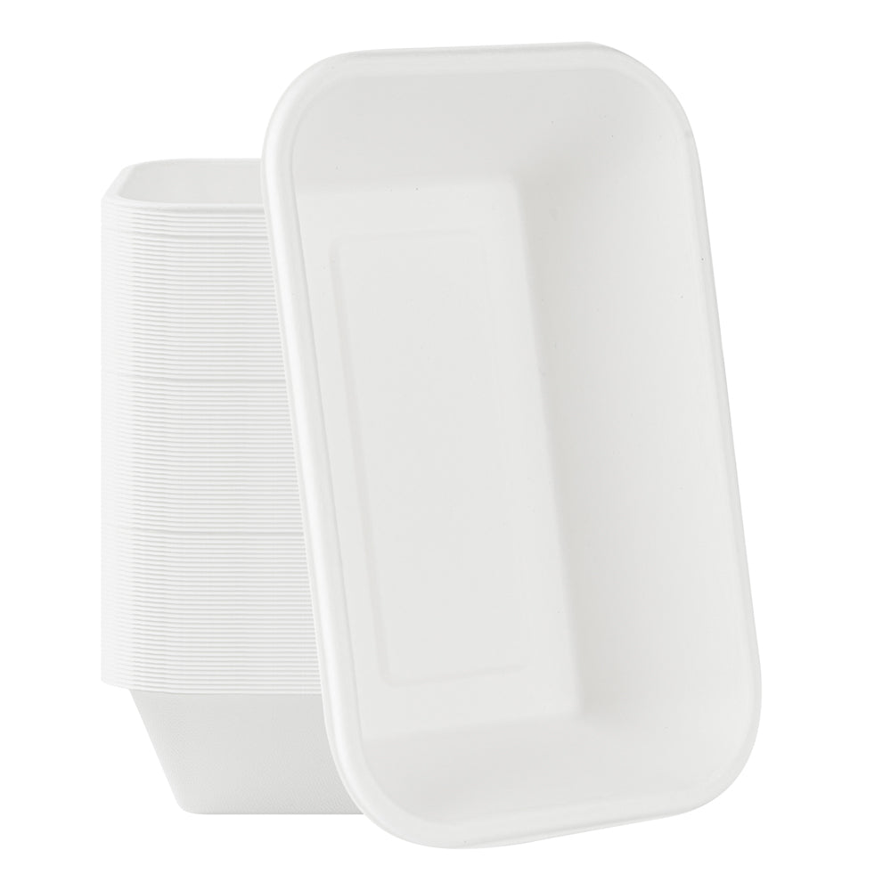 Pulp Safe No PFAS Added 32 oz Rectangle White Sugarcane / Bagasse Container - Home Compostable - 8 1/4" x 5 1/2" x 2 1/4" - 100 count box