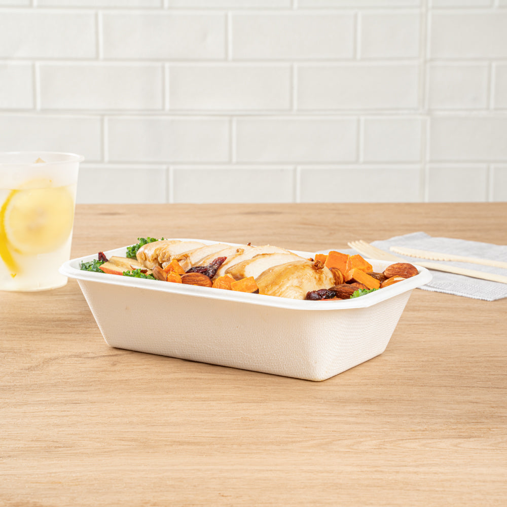 Pulp Safe No PFAS Added 32 oz Rectangle White Sugarcane / Bagasse Container - Home Compostable - 8 1/4" x 5 1/2" x 2 1/4" - 100 count box
