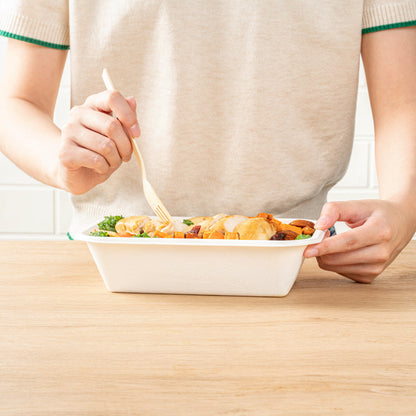 Pulp Safe No PFAS Added 32 oz Rectangle White Sugarcane / Bagasse Container - Home Compostable - 8 1/4" x 5 1/2" x 2 1/4" - 100 count box