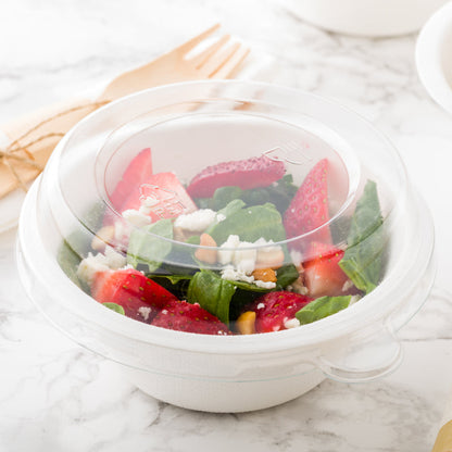 Pulp Safe No PFAS Added 8 oz Round White Sugarcane / Bagasse Salad Bowl - Home Compostable - 4 1/2" x 4 1/2" x 1 3/4" - 100 count box