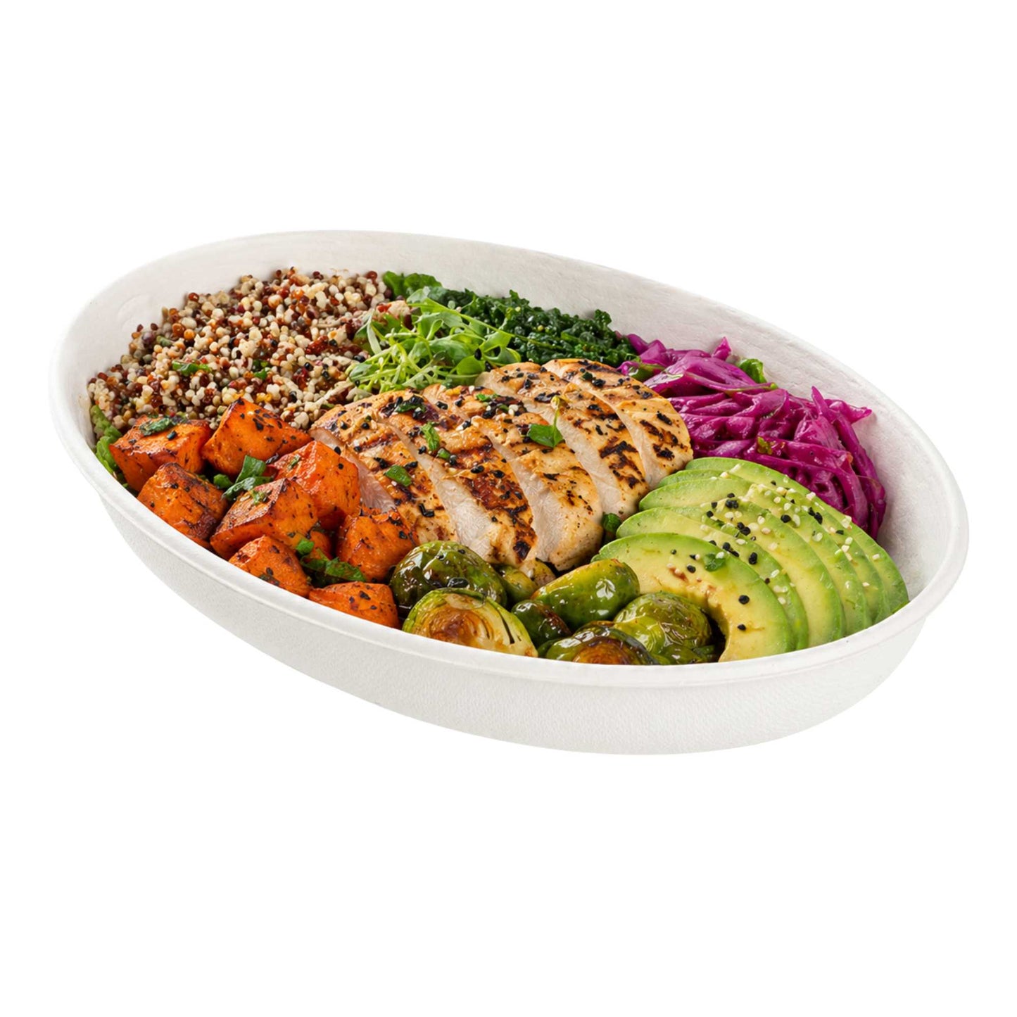 Pulp Safe No PFAS Added 26 oz Oval White Sugarcane / Bagasse Salad Plate - Home Compostable - 9 1/4" x 6" x 1 1/2" - 100 count box
