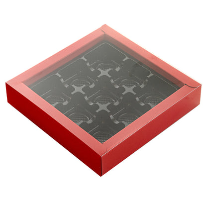 Sweet Vision Square Red Paper Candy / Chocolate Boxes - 9 Compartments - 7 1/4" x 7 1/4" x 1 1/2" - 10 count box