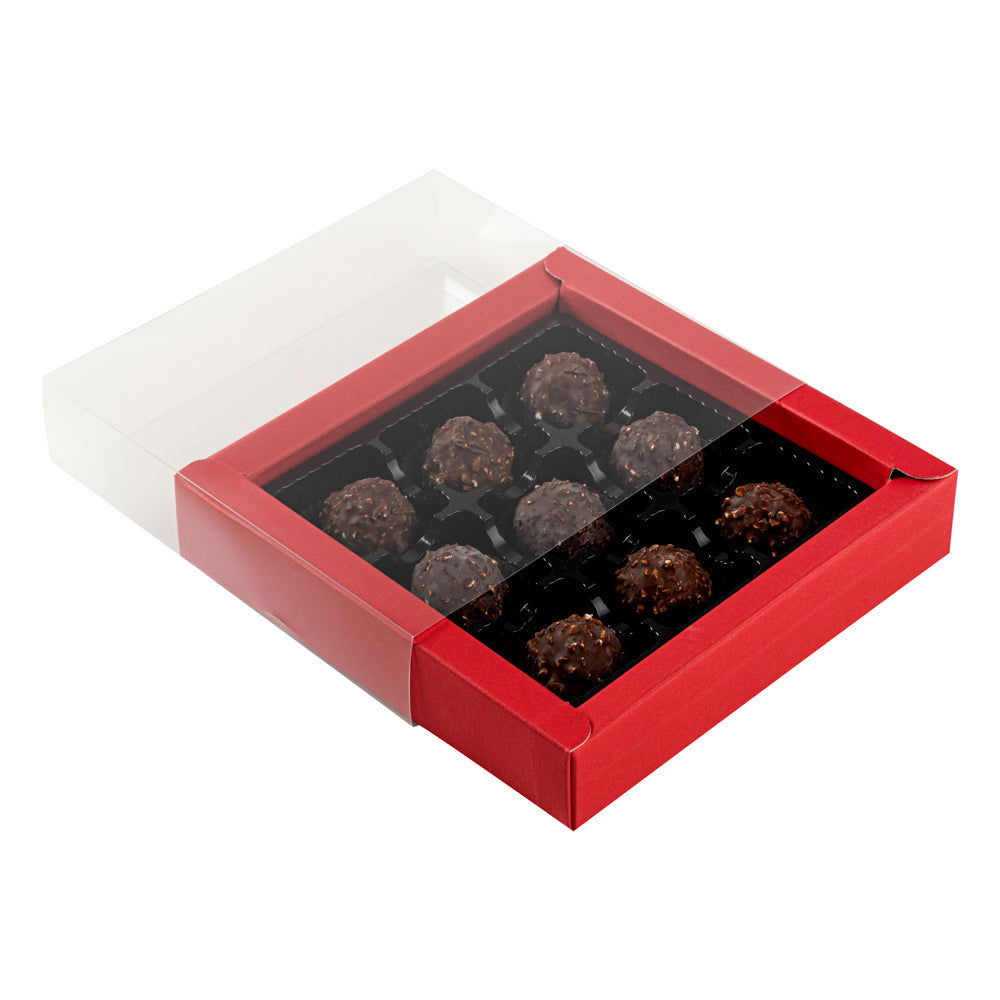 Sweet Vision Square Red Paper Candy / Chocolate Boxes - 9 Compartments - 7 1/4" x 7 1/4" x 1 1/2" - 10 count box