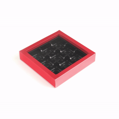 Sweet Vision Square Red Paper Candy / Chocolate Boxes - 9 Compartments - 7 1/4" x 7 1/4" x 1 1/2" - 10 count box
