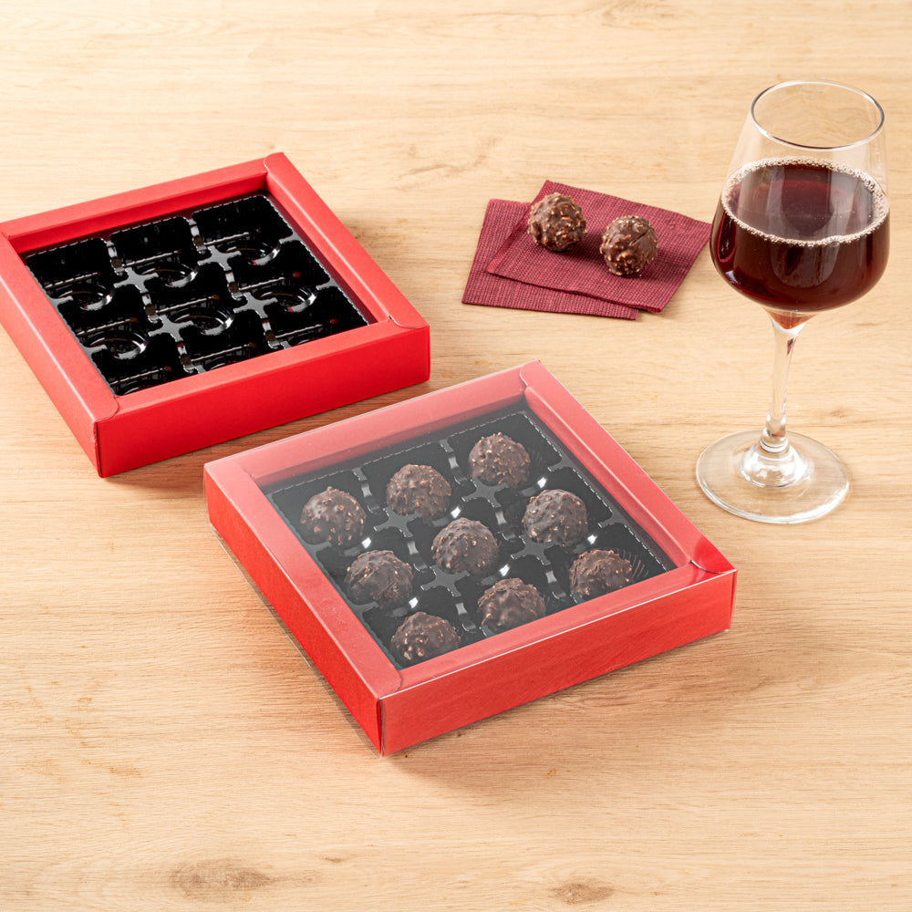 Sweet Vision Square Red Paper Candy / Chocolate Boxes - 9 Compartments - 7 1/4" x 7 1/4" x 1 1/2" - 10 count box