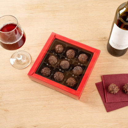 Sweet Vision Square Red Paper Candy / Chocolate Boxes - 9 Compartments - 7 1/4" x 7 1/4" x 1 1/2" - 100 count box