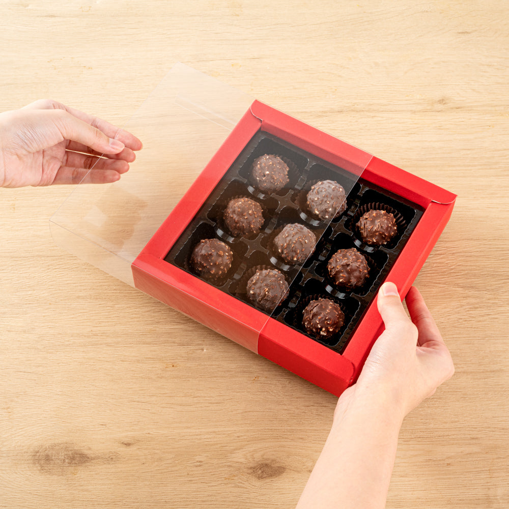 Sweet Vision Square Red Paper Candy / Chocolate Boxes - 9 Compartments - 7 1/4" x 7 1/4" x 1 1/2" - 100 count box