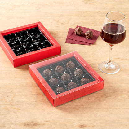 Sweet Vision Square Red Paper Candy / Chocolate Boxes - 9 Compartments - 7 1/4" x 7 1/4" x 1 1/2" - 100 count box