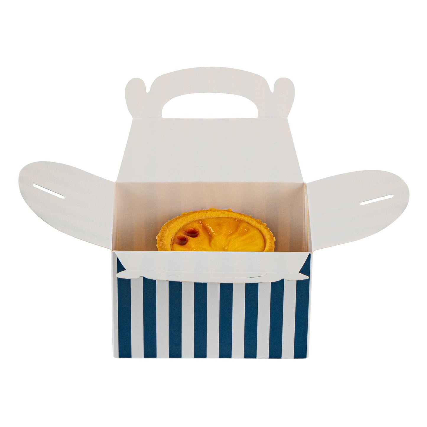 Bio Tek Blue & White Stripe Paper Gable Box / Take Out Container - Compostable - 4" x 2 1/2" x 2 1/2" - 25 count box