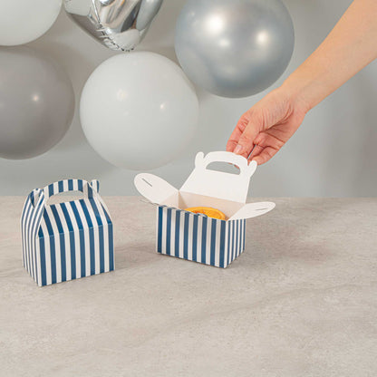 Bio Tek Blue & White Stripe Paper Gable Box / Take Out Container - Compostable - 4" x 2 1/2" x 2 1/2" - 25 count box