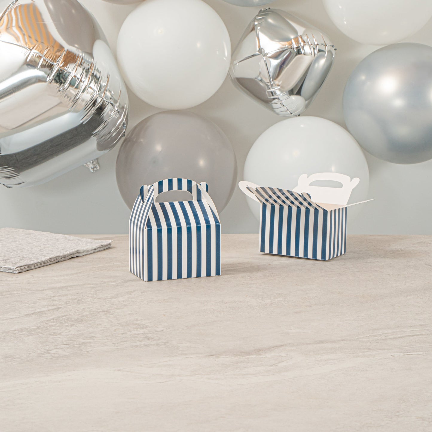 Bio Tek Blue & White Stripe Paper Gable Box / Take Out Container - Compostable - 4" x 2 1/2" x 2 1/2" - 100 count box